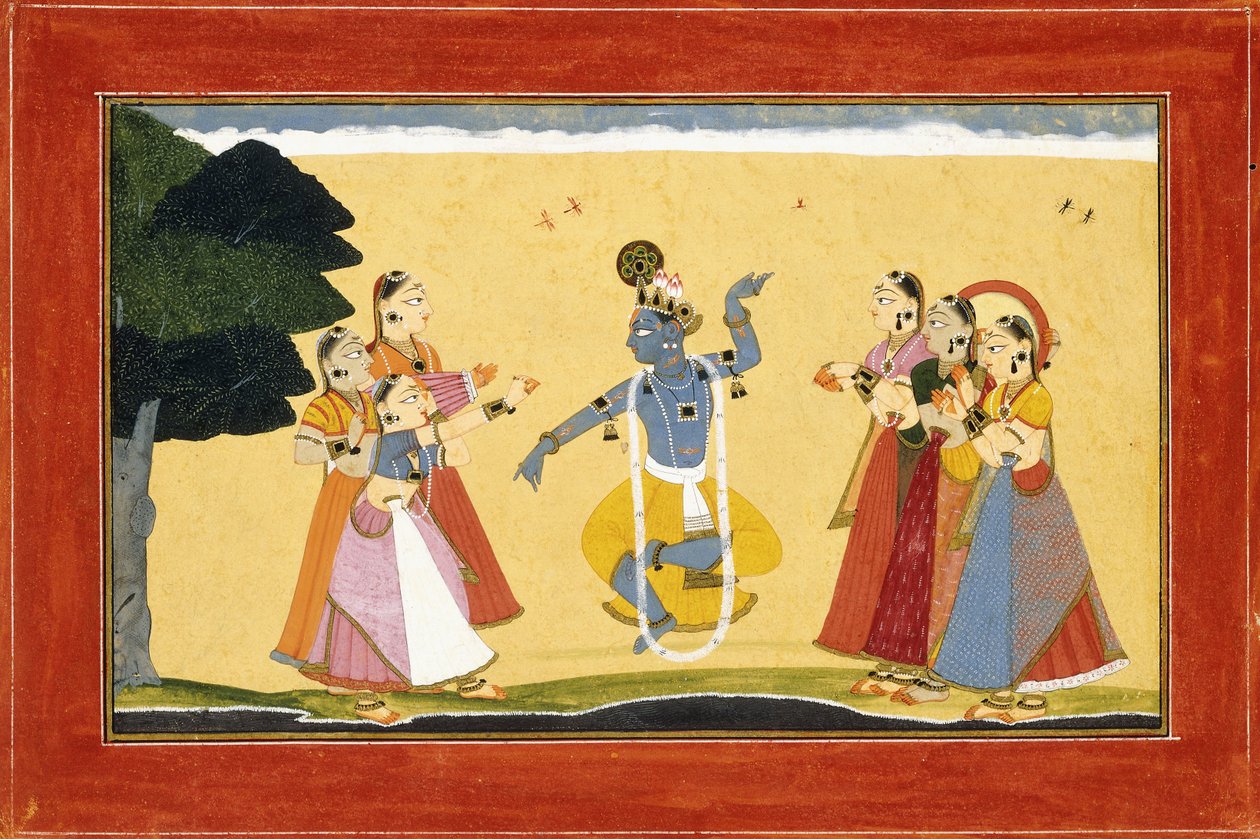Kovboy Kızların Ellerini Çırpırken Önünde Dans Eden Krishna, c.1730-1735 by Manaku
