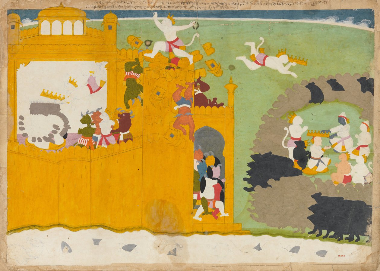 Maymun Lider Angada, Kalesinden Ravanas Tacını Çaldı..., ca. 1725. by Manaku