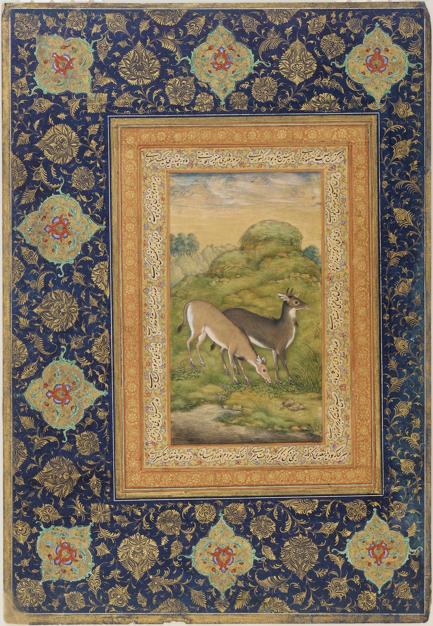 Bir manzarada iki geyik, Jahandir Okulu (kağıt üzerinde renkli ve altın) by Mansur