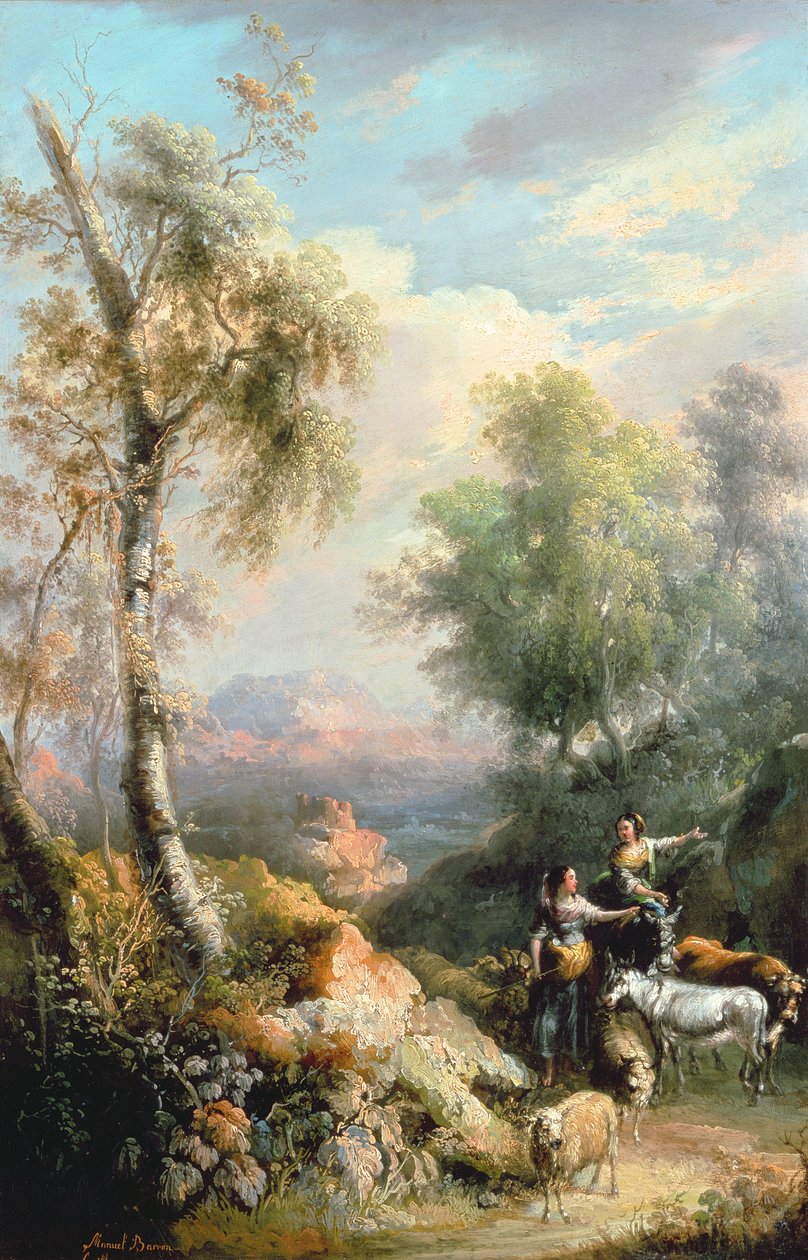 Dağlık İspanyol manzarasında keçi çobanları, 19. yüzyıl by Manuel Barron y Carrillo