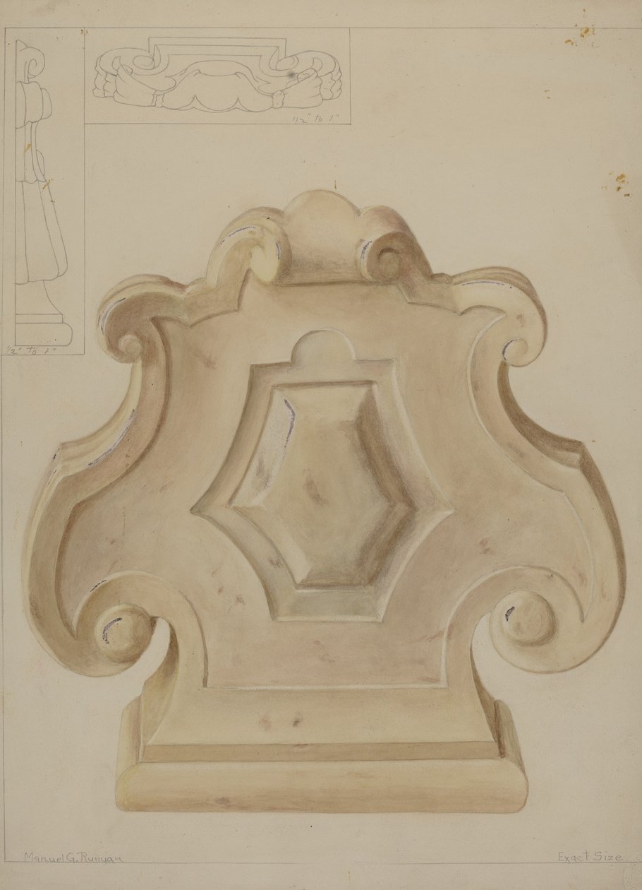 Şöminenin tepesinden mermer süsleme, c. 1937. by Manuel G. Runyan