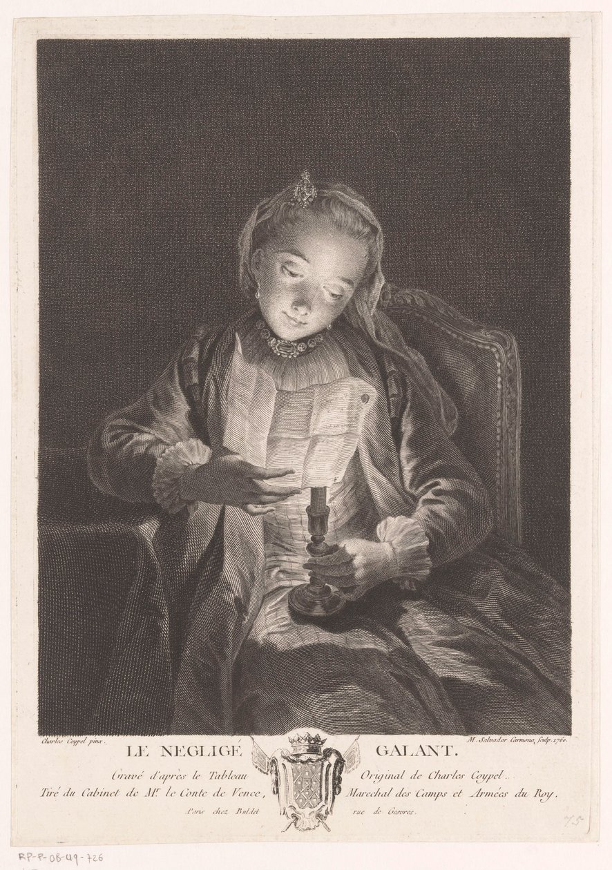 Mum ışığında bir mektup okuyan kız Le neglige gallant (nesne üzerindeki başlık) by Manuel Salvador Carmona
