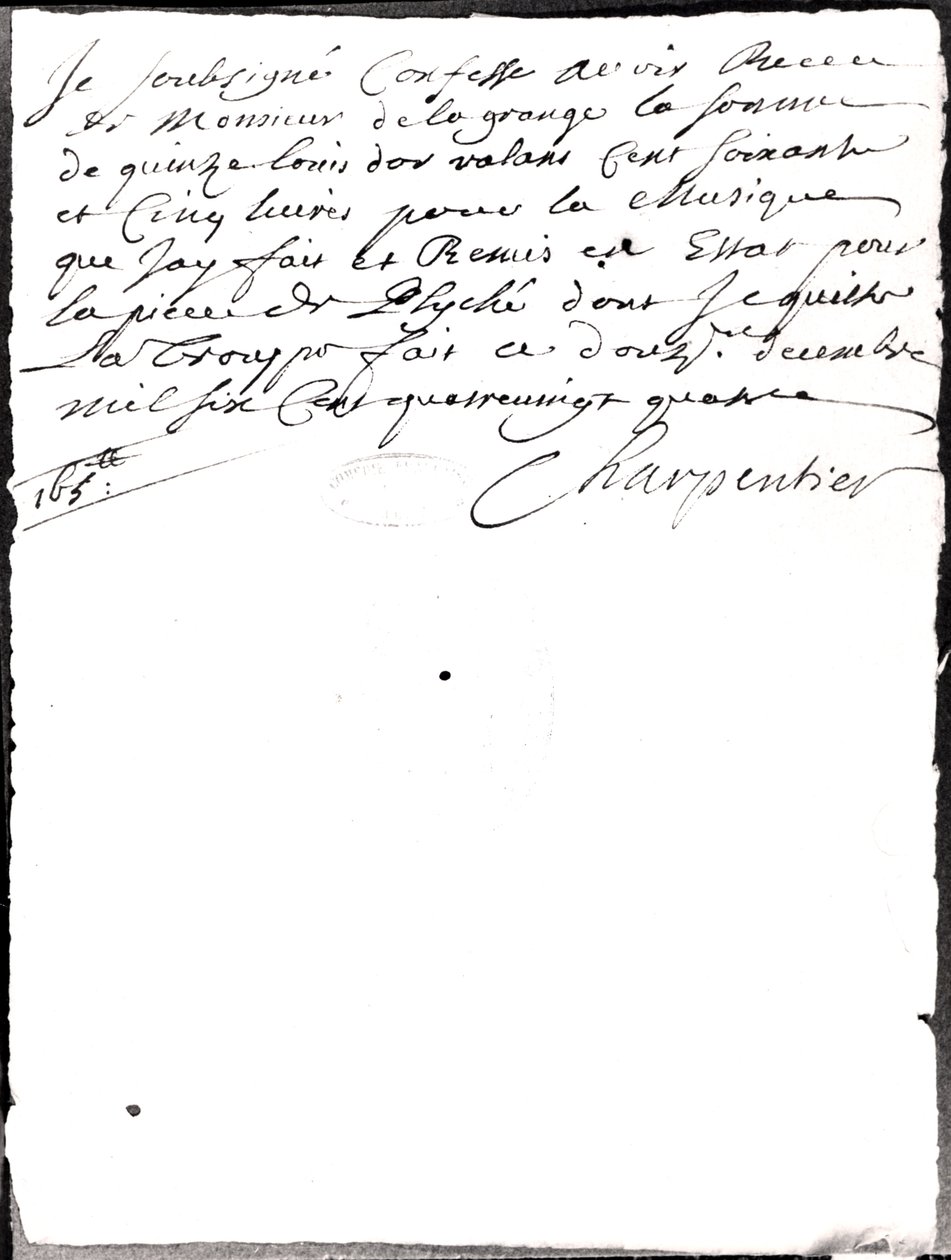 Charpentier tarafından Psyche için Moliere tarafından bestelenen müzikle ilgili mektup (1622-73) 1684 (bw fotoğraf) by Marc Antoine Charpentier