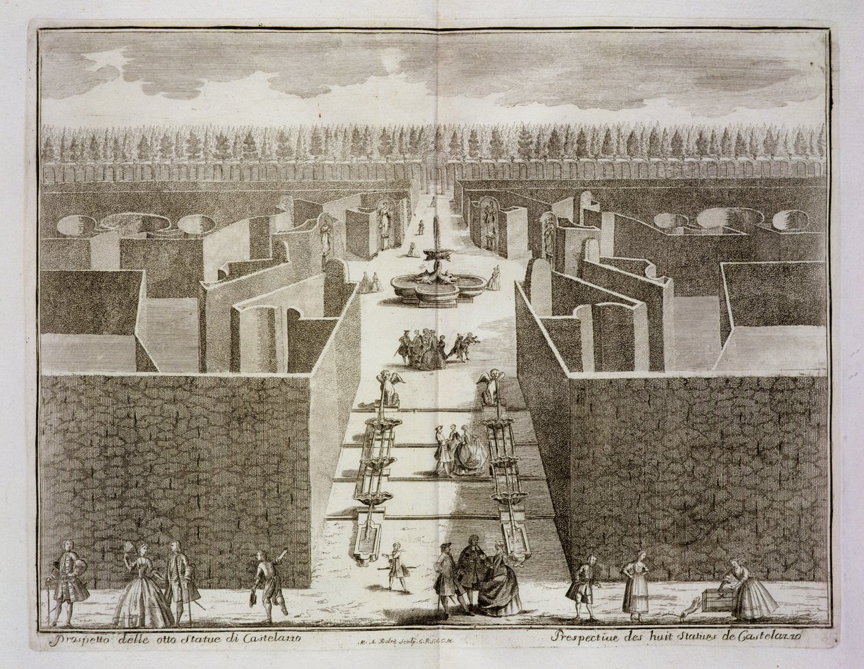 Budama sanatı labirentindeki sekiz Castellazzo heykelinin görünümü, Domenico Felice Leonardi