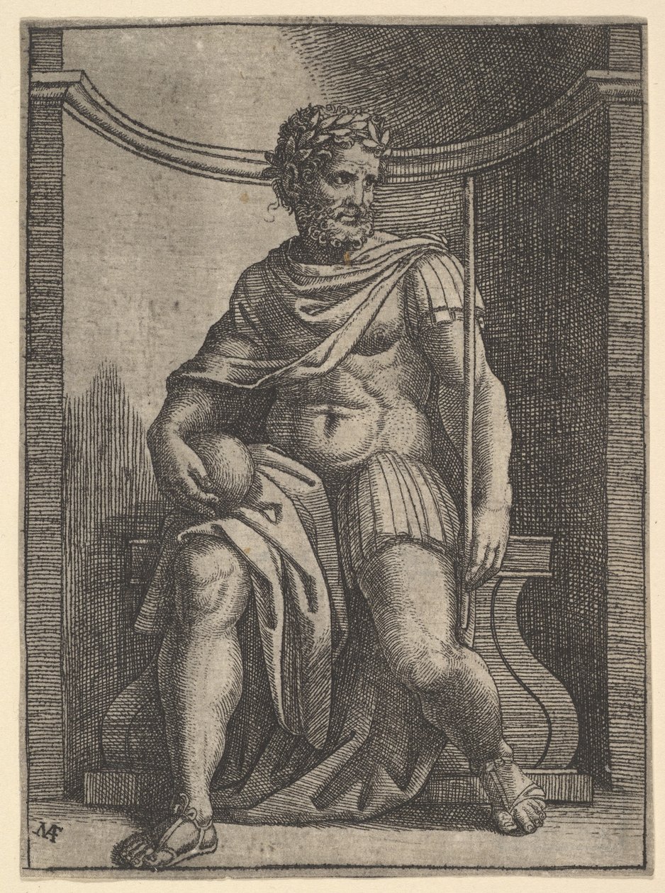 Bir nişte oturan ve elinde bir küre ve asa tutan bir Roma imparatoru..., ca. 1500-1534. by Marcantonio Raimondi