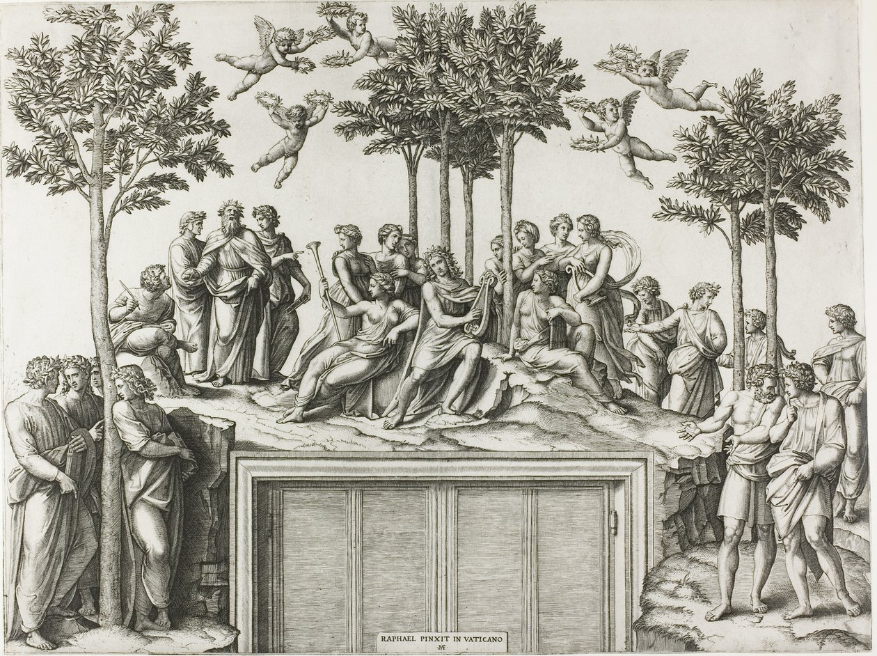 İlham Perileri ve Şairler ile çevrili Parnassus'taki Apollo by Marcantonio Raimondi