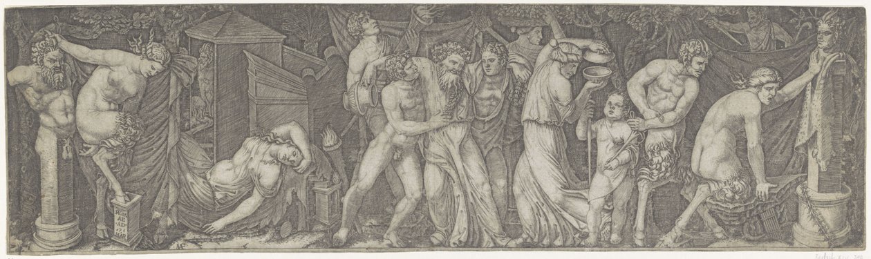Sarhoş Bacchus ve satirler ve maenads ile Bacchanal by Marcantonio Raimondi