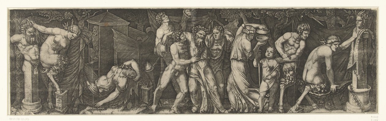 Sarhoş bir Bacchus ile Bacchanal ve Satyrs ve Maenads by Marcantonio Raimondi