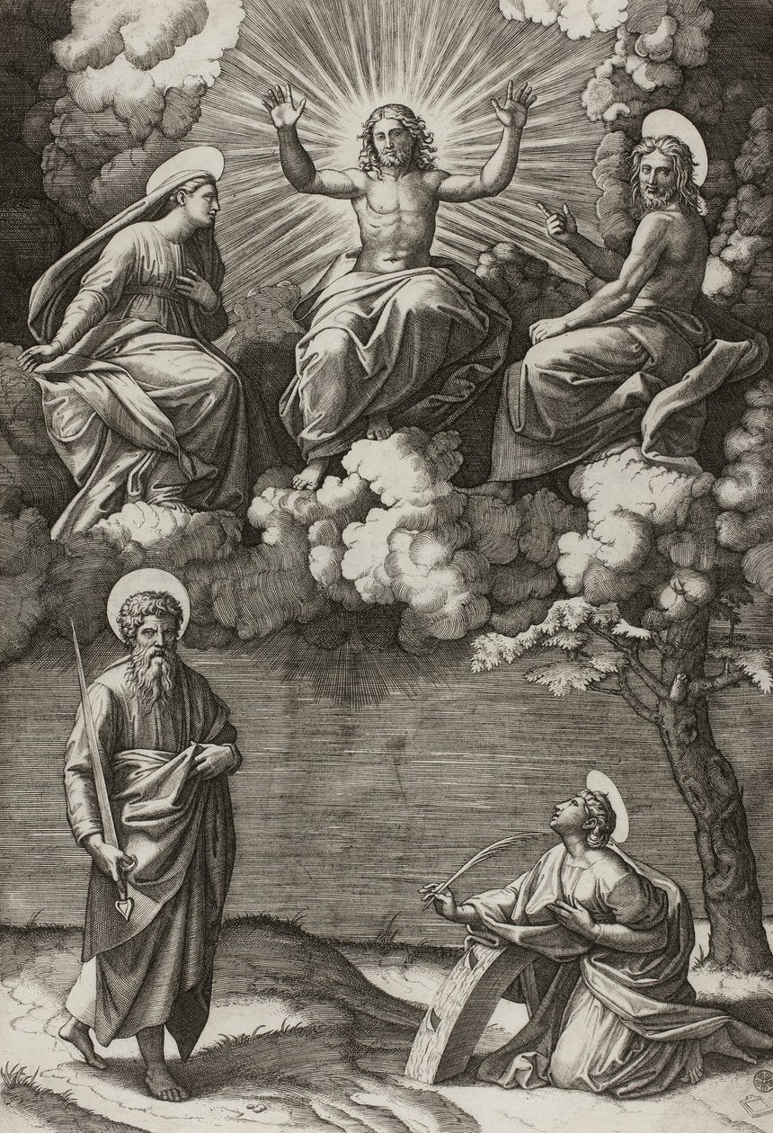İsa, Bakire ve Vaftizci Yahya, Aziz Paul ve Catherine ile by Marcantonio Raimondi