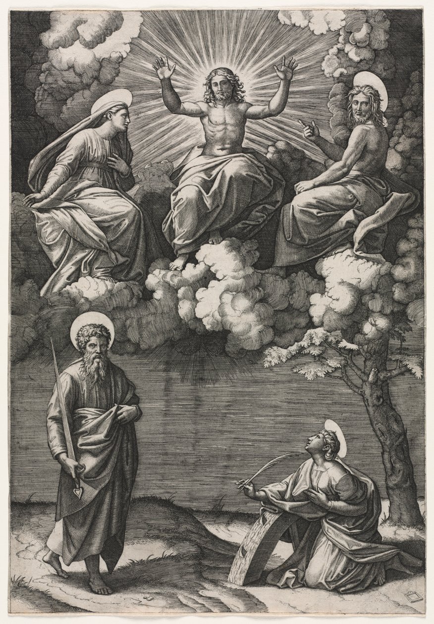 İsa, Bakire ve Vaftizci Yahya, Aziz Paul ve Catherine ile birlikte, c. 1520-1525. by Marcantonio Raimondi