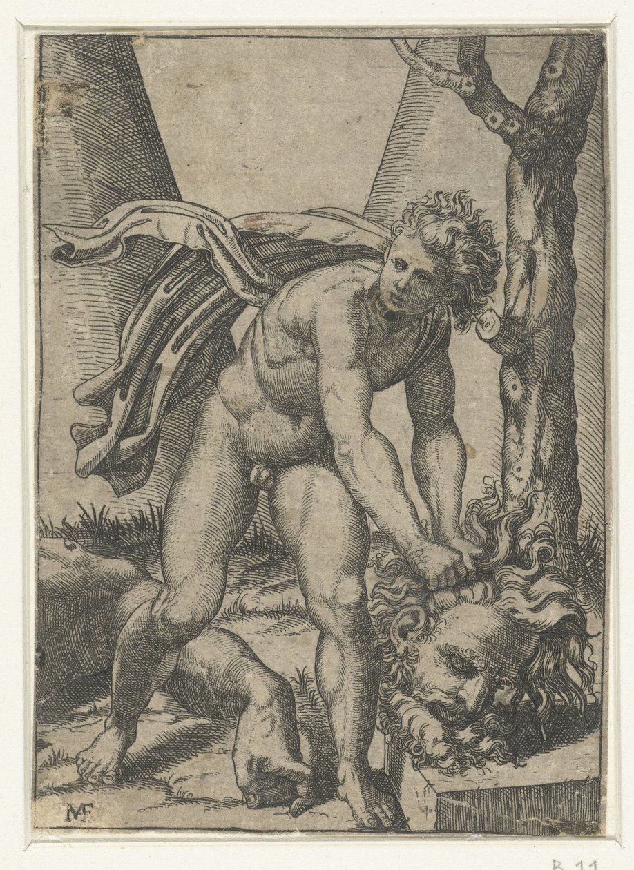 Goliath başkanı ile David by Marcantonio Raimondi