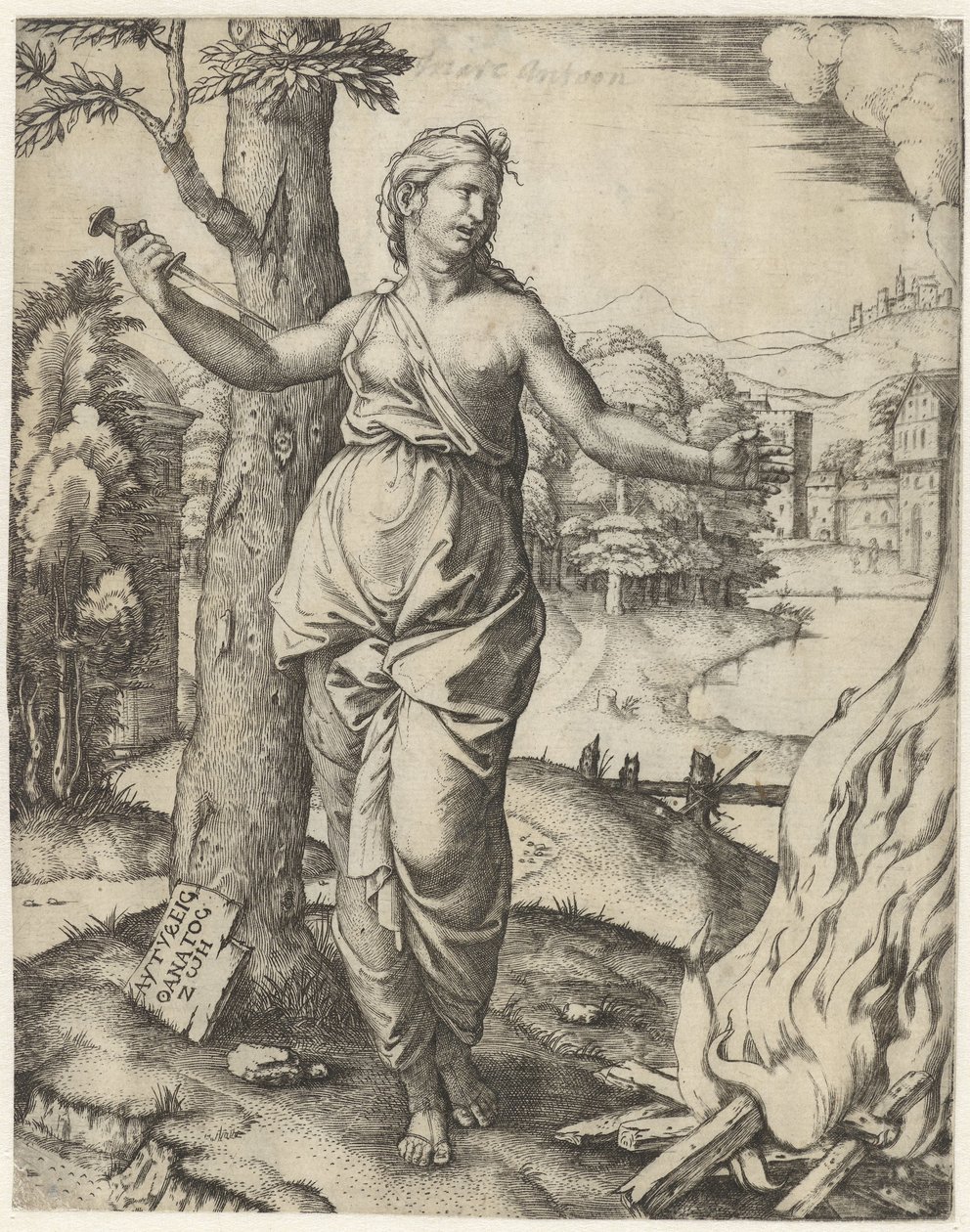 Dido ateşin yanında hançerle kendini öldürdü by Marcantonio Raimondi