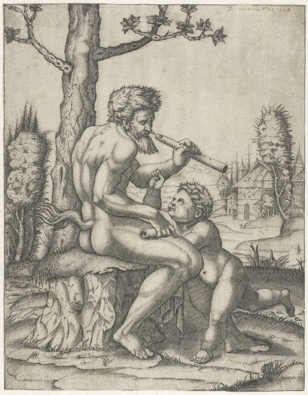 Flütlü Faun çocukla oynuyor by Marcantonio Raimondi
