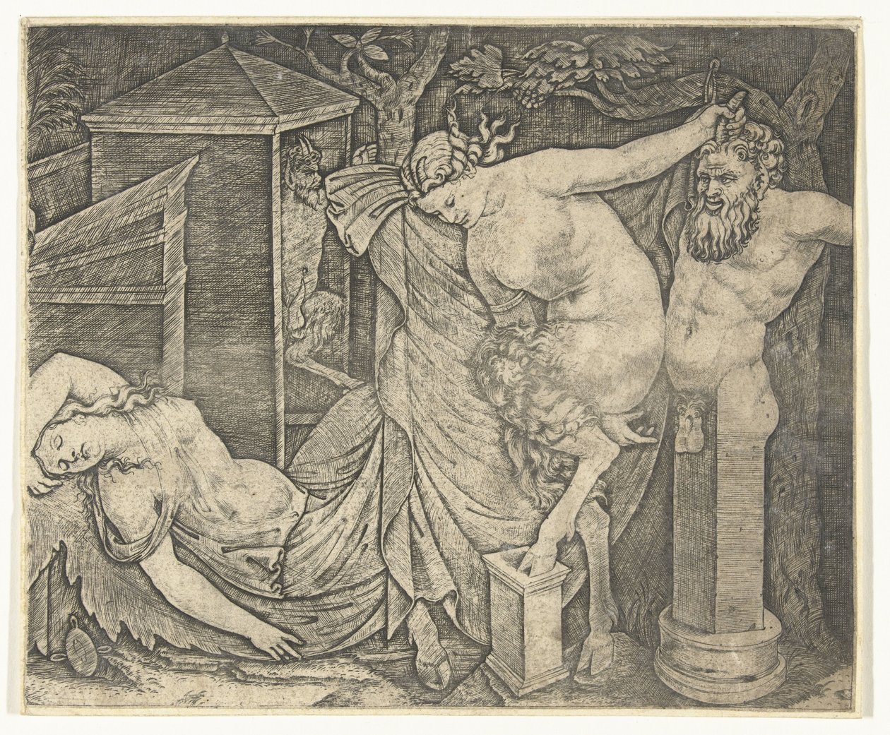 Satyr Kadın ve Herme ve Uyuyan Bacchante ile Bacchanal parçası by Marcantonio Raimondi
