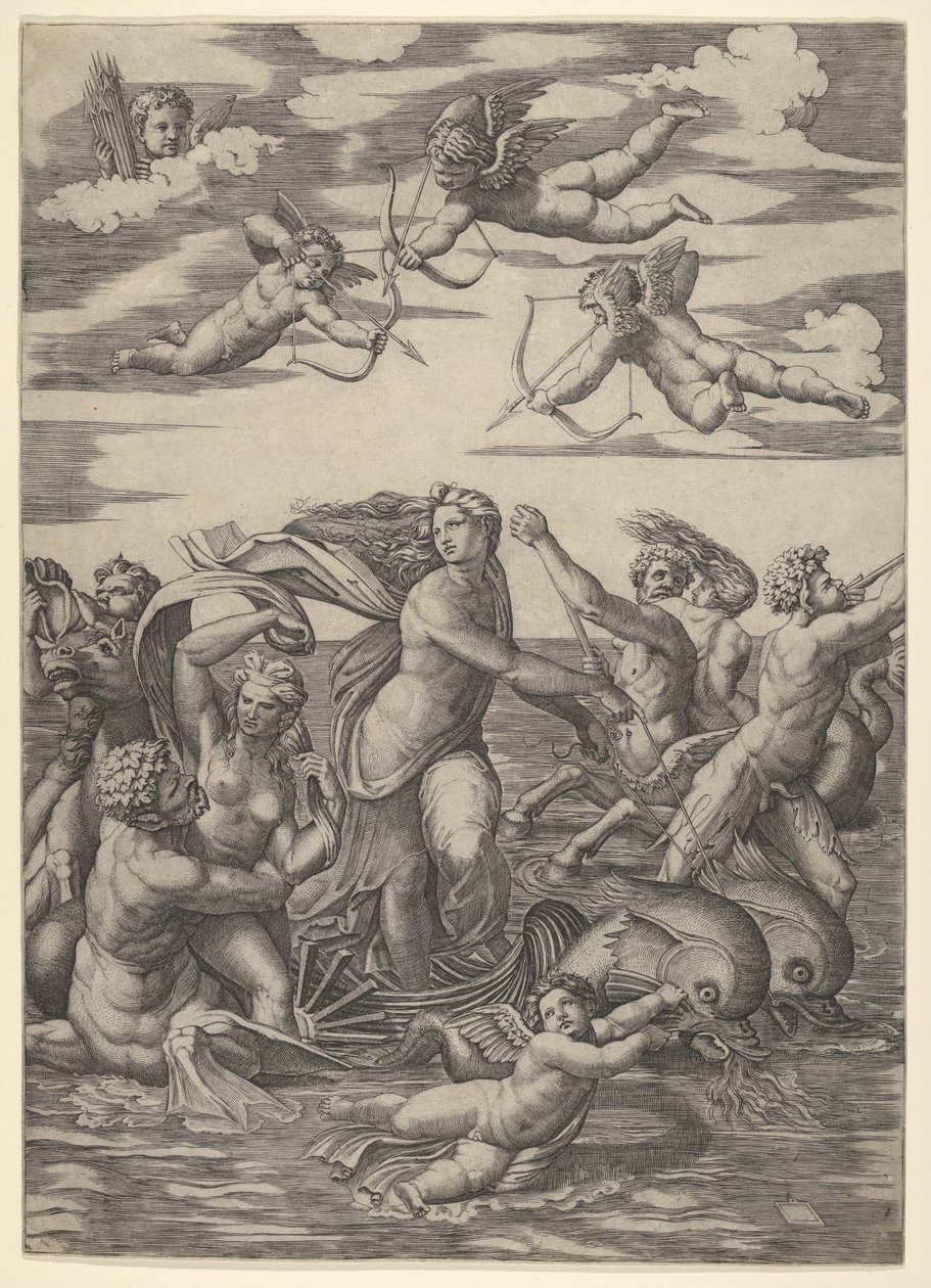 Galatea, iki yunus tarafından çekilen bir su arabasında duruyor, etrafı tritonlarla çevrili, nere..., 1515-16. by Marcantonio Raimondi