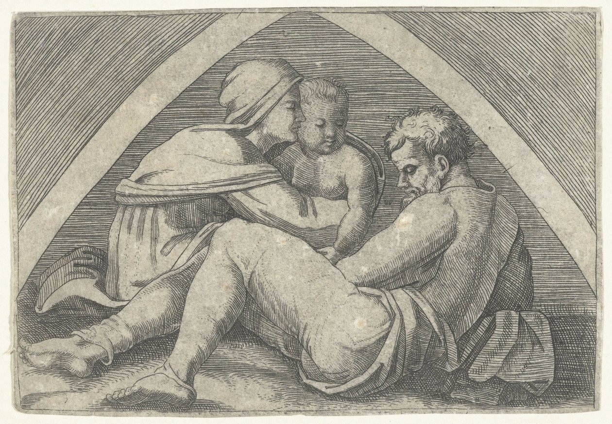 Bir kemerin altında Kutsal Aile by Marcantonio Raimondi