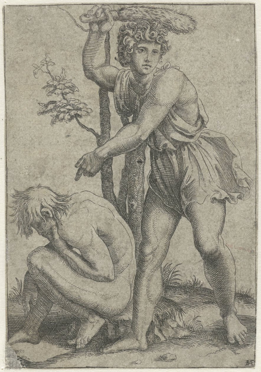 Çömelmiş çıplak adam tilki kuyruklu adam tarafından dövüldü by Marcantonio Raimondi