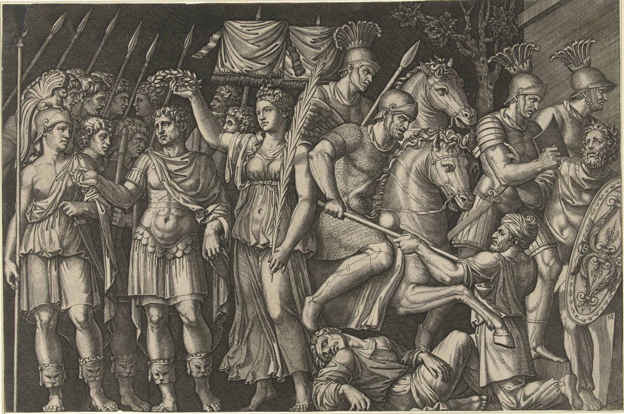 Victoria tarafından taçlandırılmış İmparator Trajan, Daçyalılarla savaşta Roma ve Romalıların kadın kişileşmesinin yanında duruyor by Marcantonio Raimondi