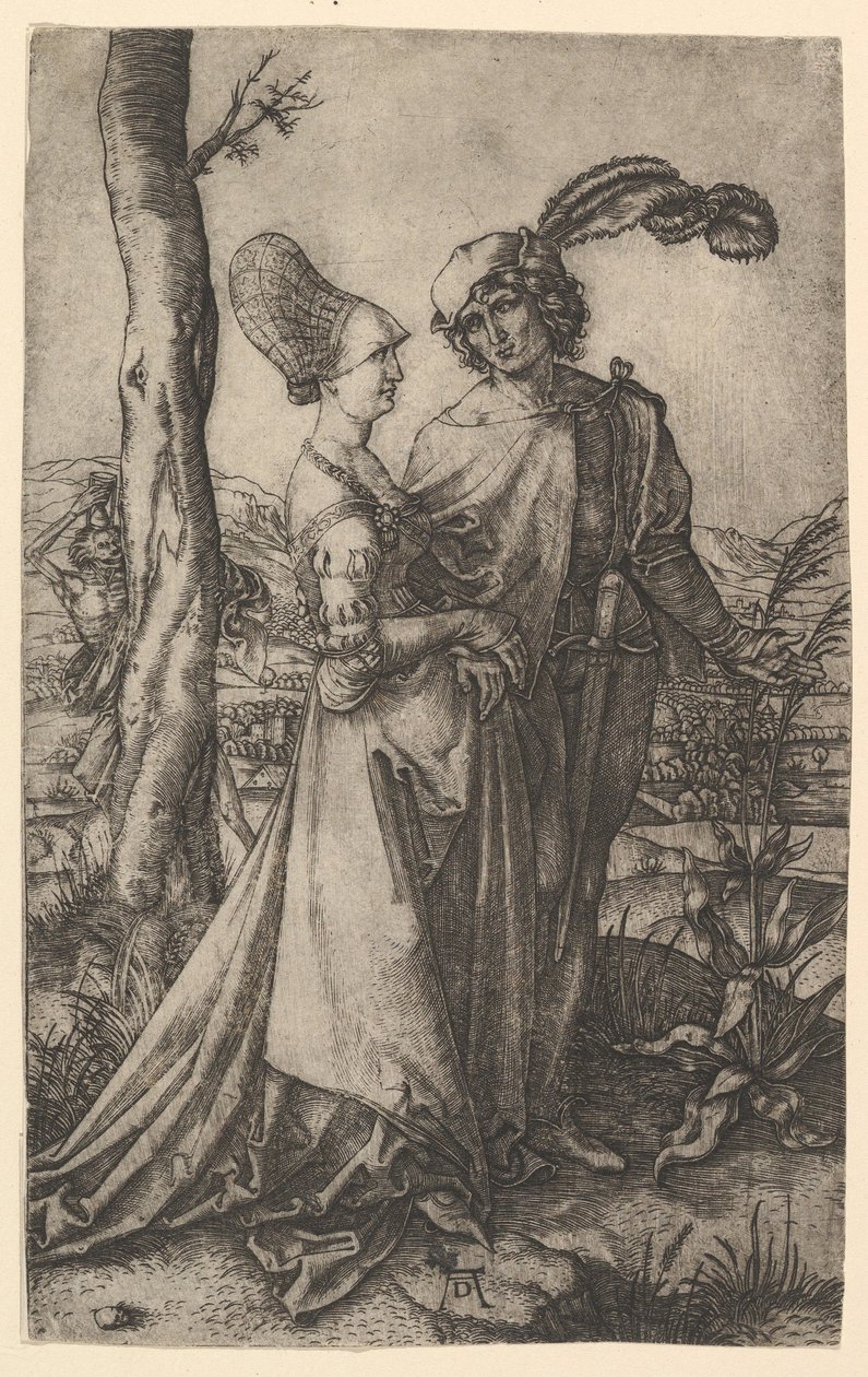 Lord ve leydi, bir ağacın arkasına saklanmış, bir saat tutan ölüm figürüyle yürüyor..., ca. 1500-1534. by Marcantonio Raimondi