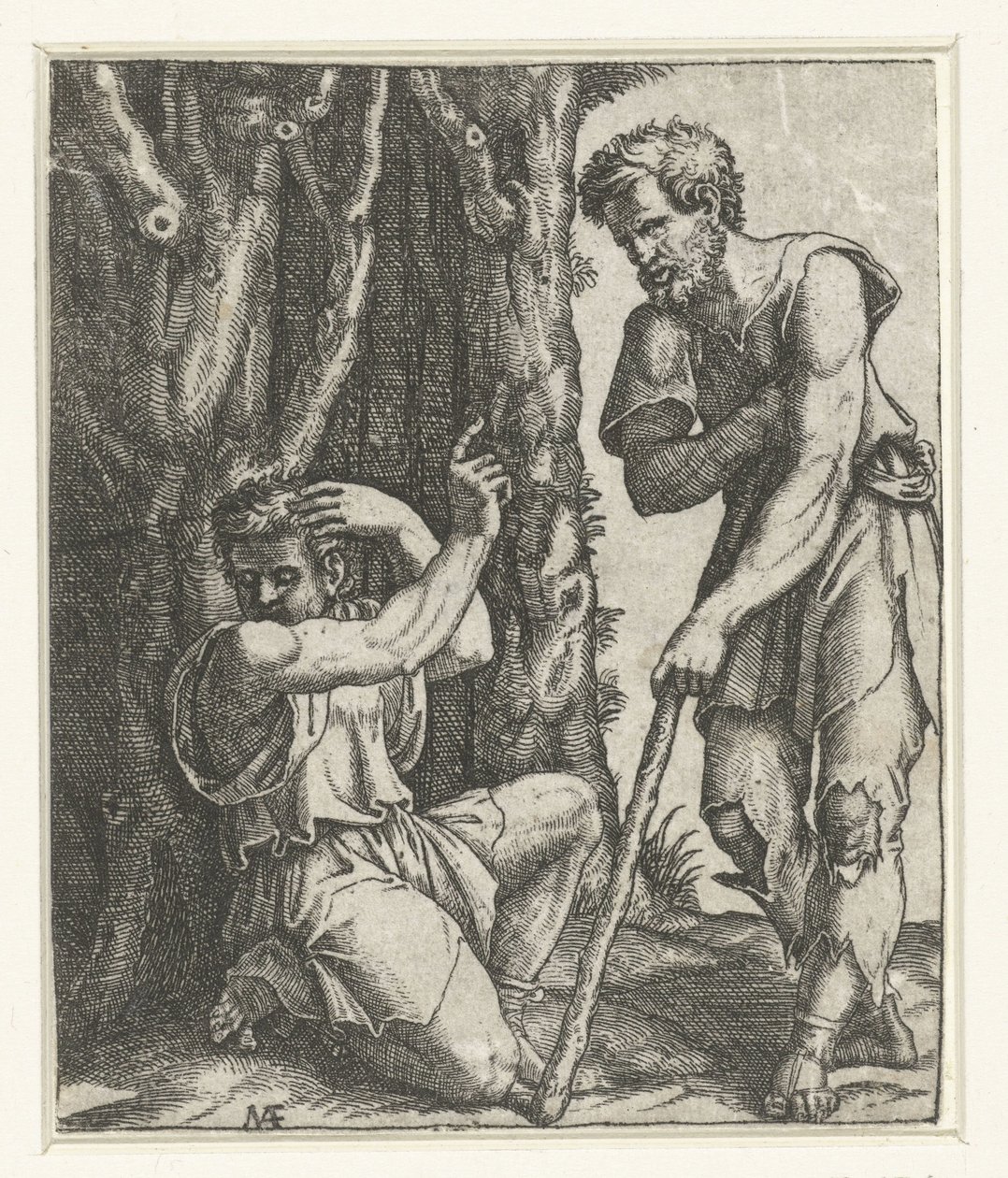 Adam diz çöküp orman kenarında dilenciden uzaklaşıyor. by Marcantonio Raimondi