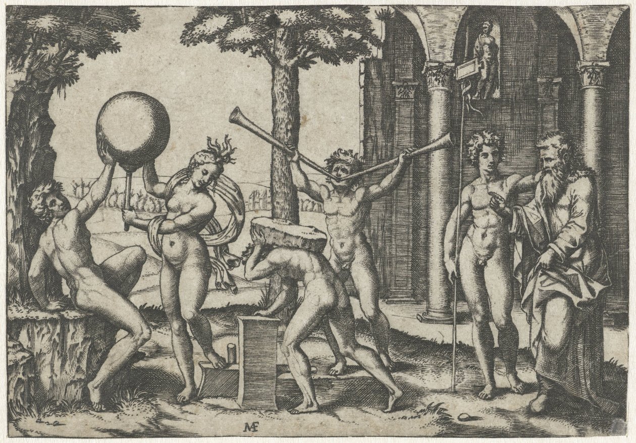 İki trompetli adam ve sırtında taş olan adam, küre ve yaşlı ve genç adamla erkek ve kadın tarafından çevrili by Marcantonio Raimondi