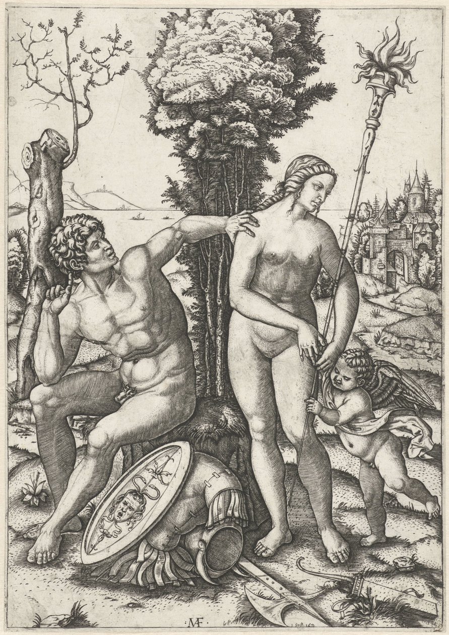 Amor ile sevgi dolu bir çift olarak Mars ve Venüs by Marcantonio Raimondi