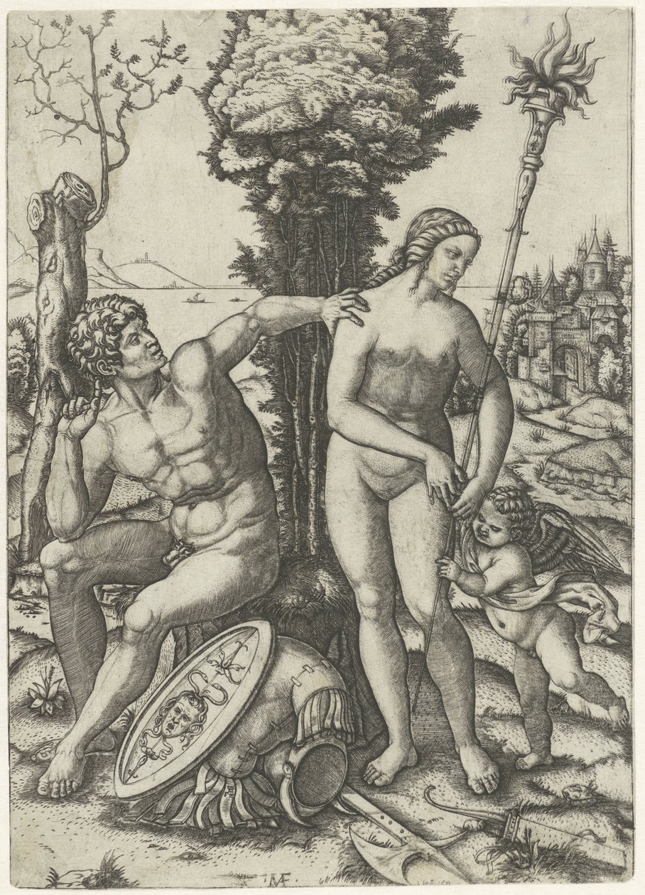 Amor ile sevgi dolu bir çift olarak Mars ve Venüs by Marcantonio Raimondi