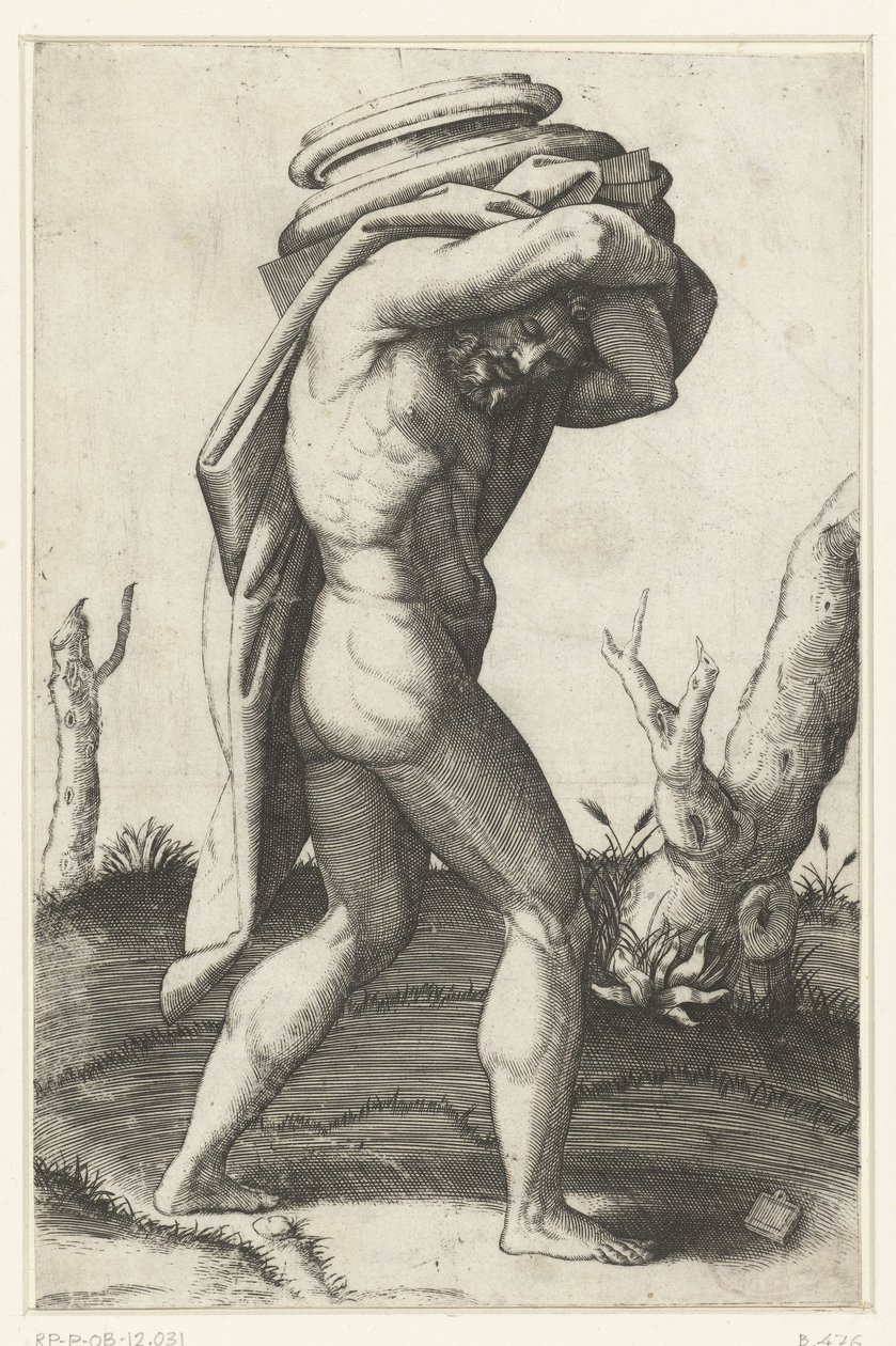 Çıplak adam sırtında sütun tabanı taşır by Marcantonio Raimondi