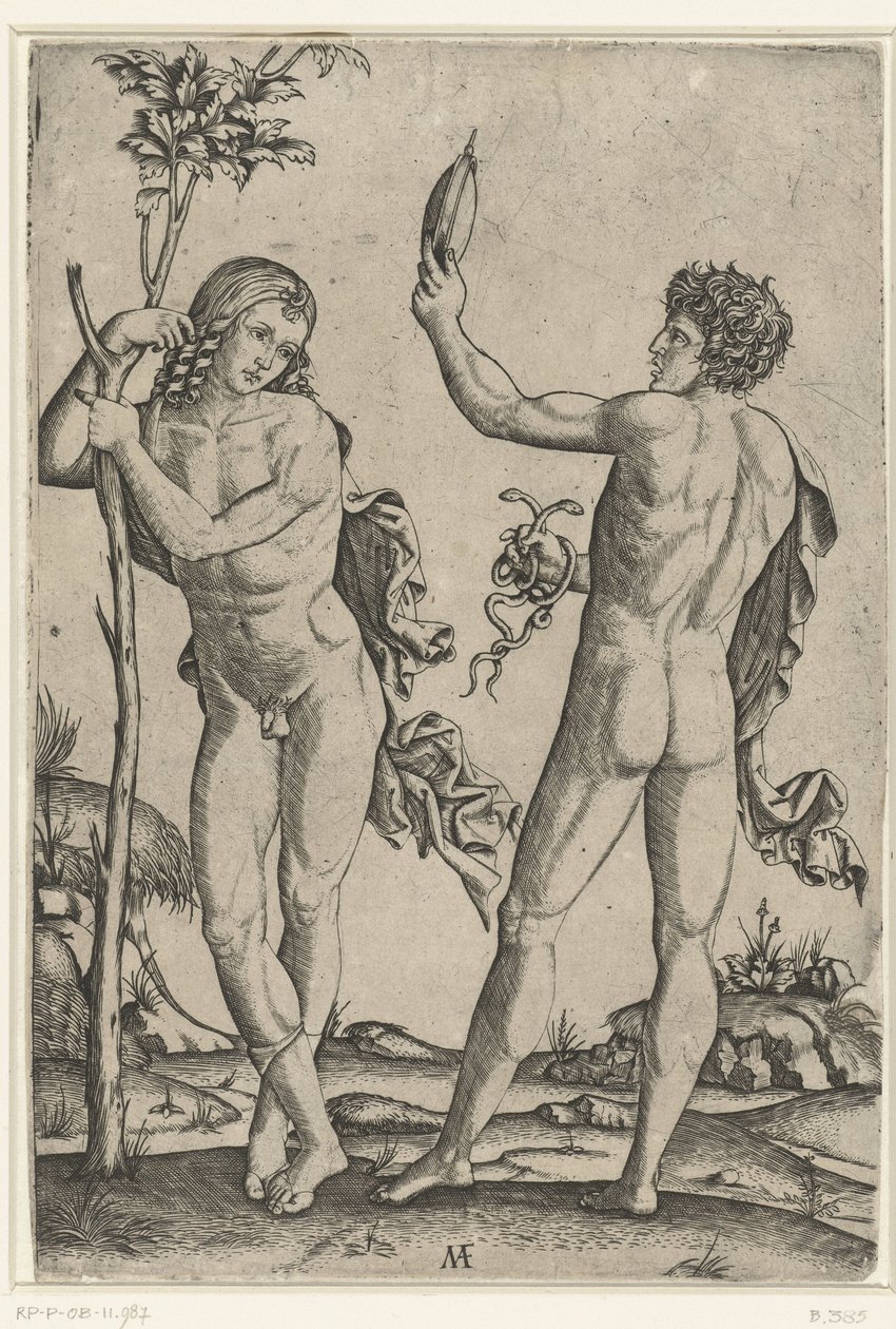 Çıplak adam ağaca yaslanmış ve aynalı ve iki yılanlı çıplak adam by Marcantonio Raimondi