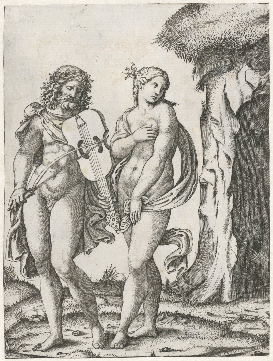 Eurydice yeraltı dünyasına gitmeden önce Orpheus viyola çalıyor by Marcantonio Raimondi