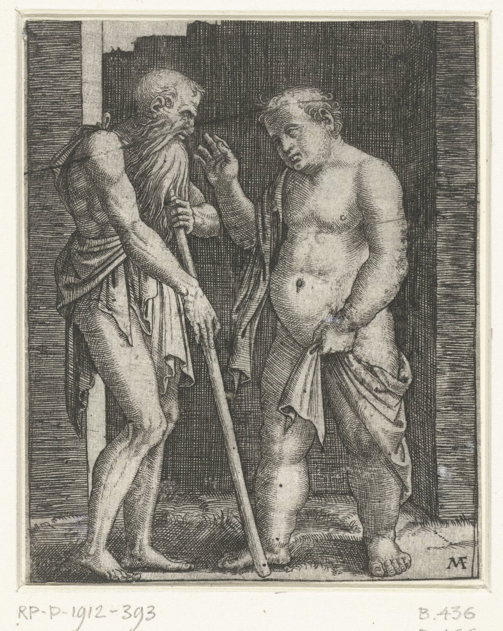 Yaşlı adam sopaya yaslanmış ve genç şişman adamı işaret ediyor. by Marcantonio Raimondi