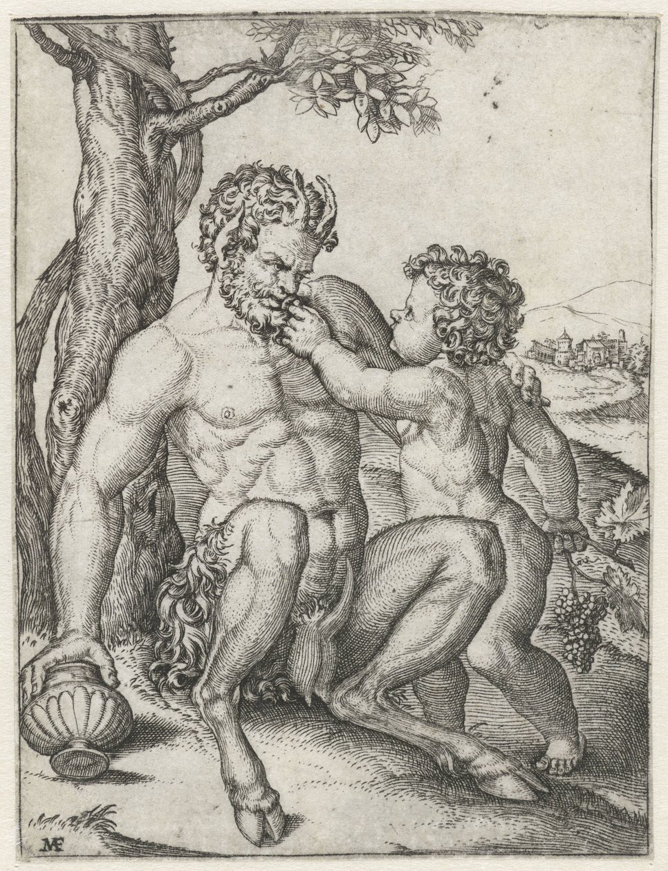 Üzümlü bir çocuk olarak bardak ve Bacchus ile tava by Marcantonio Raimondi