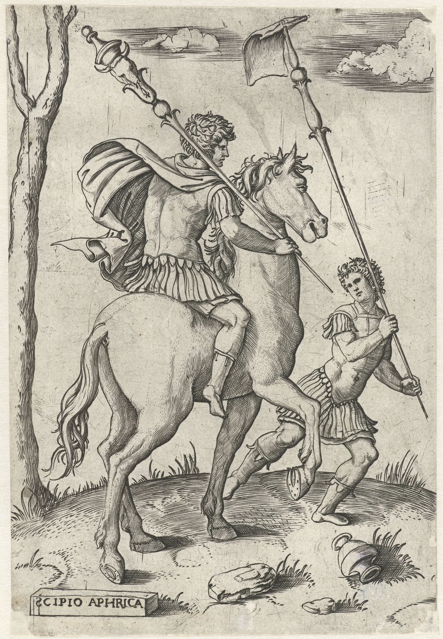 At sırtında Romalı generaller Scipio Africanus Maior ve Scipio Africanus Minor At sırtında Romalı kahramanlar (dizi başlığı) by Marcantonio Raimondi