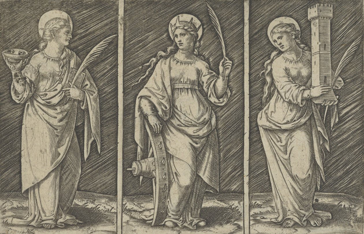 Saint Barbara solda, Saint Catherine, ortada, Saint Lucy sağda, yakl. 1500-1527., ca. 1500-1527. by Marcantonio Raimondi