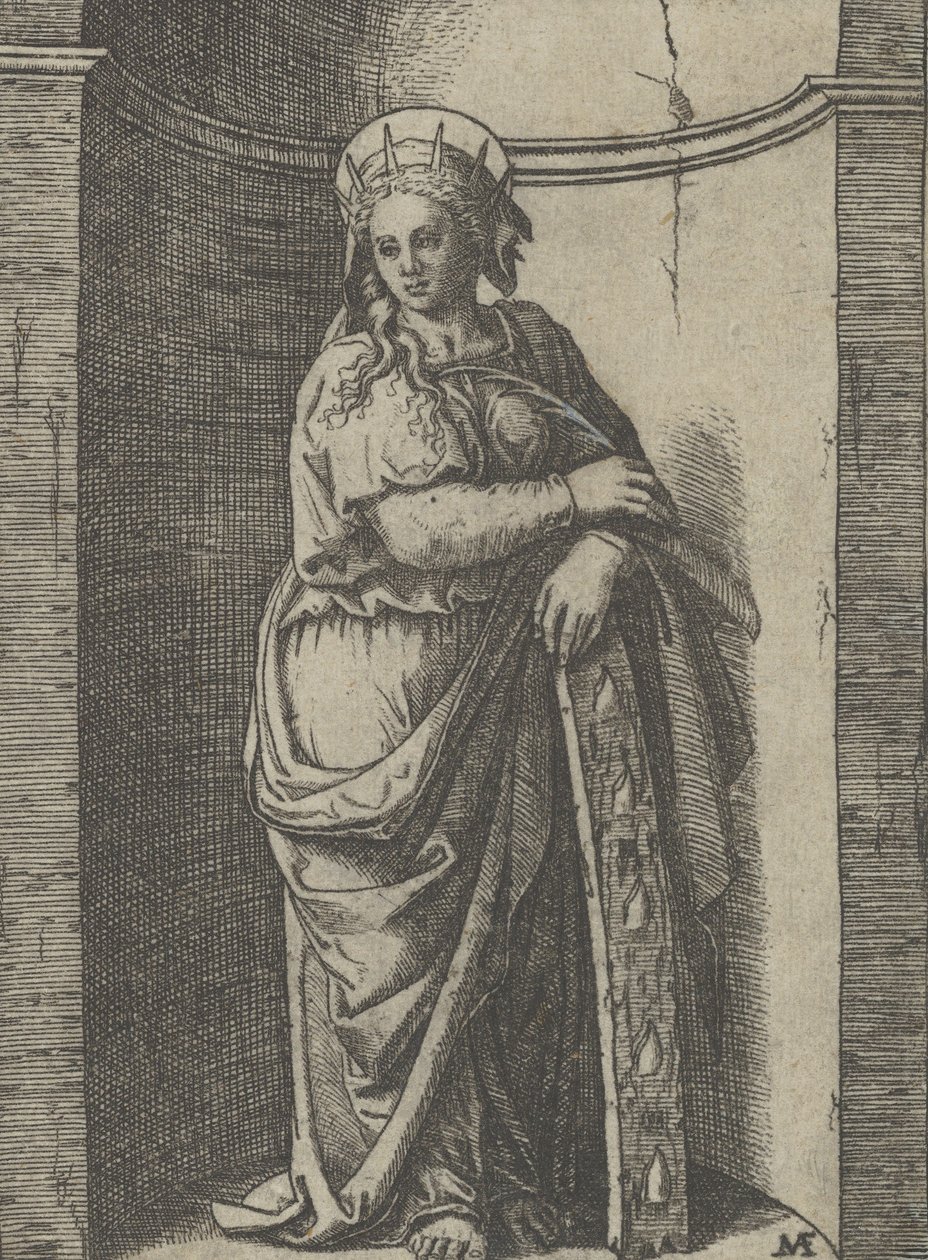 Aziz Catherine bir niş içinde duruyor, bir tekerleğin üzerinde duruyor, işkence aleti..., yakl. 1500-1527. by Marcantonio Raimondi