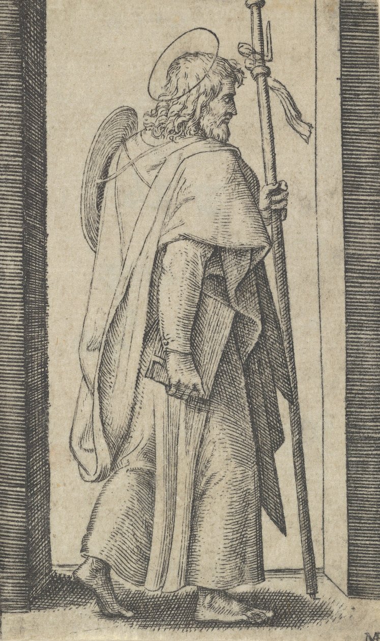 Saint James Major, kitap onun sağ eli, asası solunda sağa dönük, t..., ca. 1500-1527. by Marcantonio Raimondi