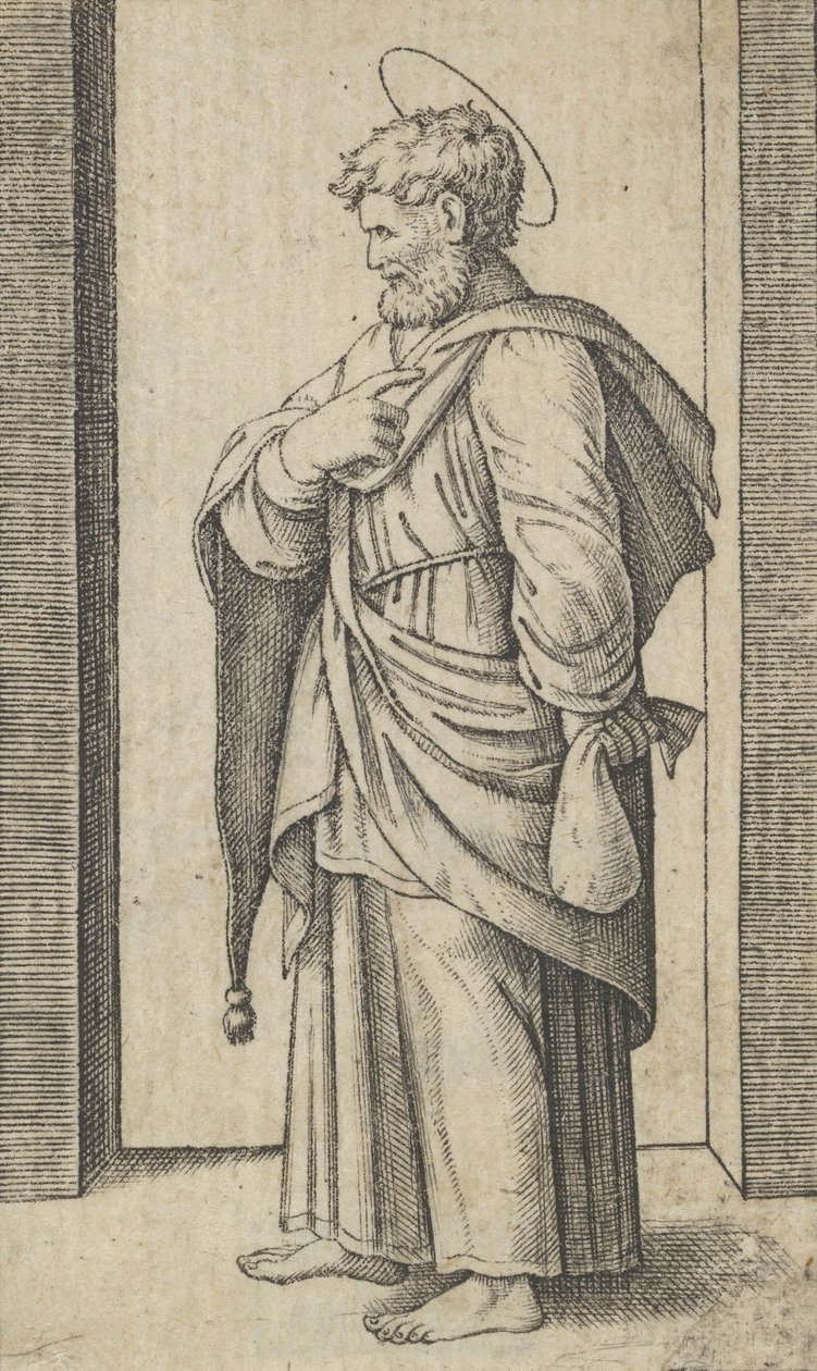 Aziz Matthew, sol elinde küçük bir çuval, 