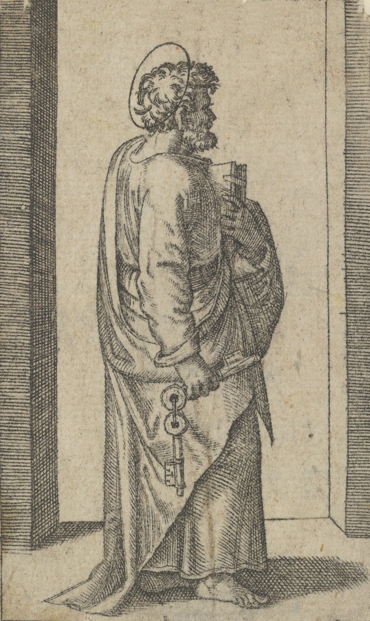Aziz Peter, anahtarlar sağ elinde, kitap solda, sağa dönük, 'Resim..., yakl. 1500-1527. by Marcantonio Raimondi
