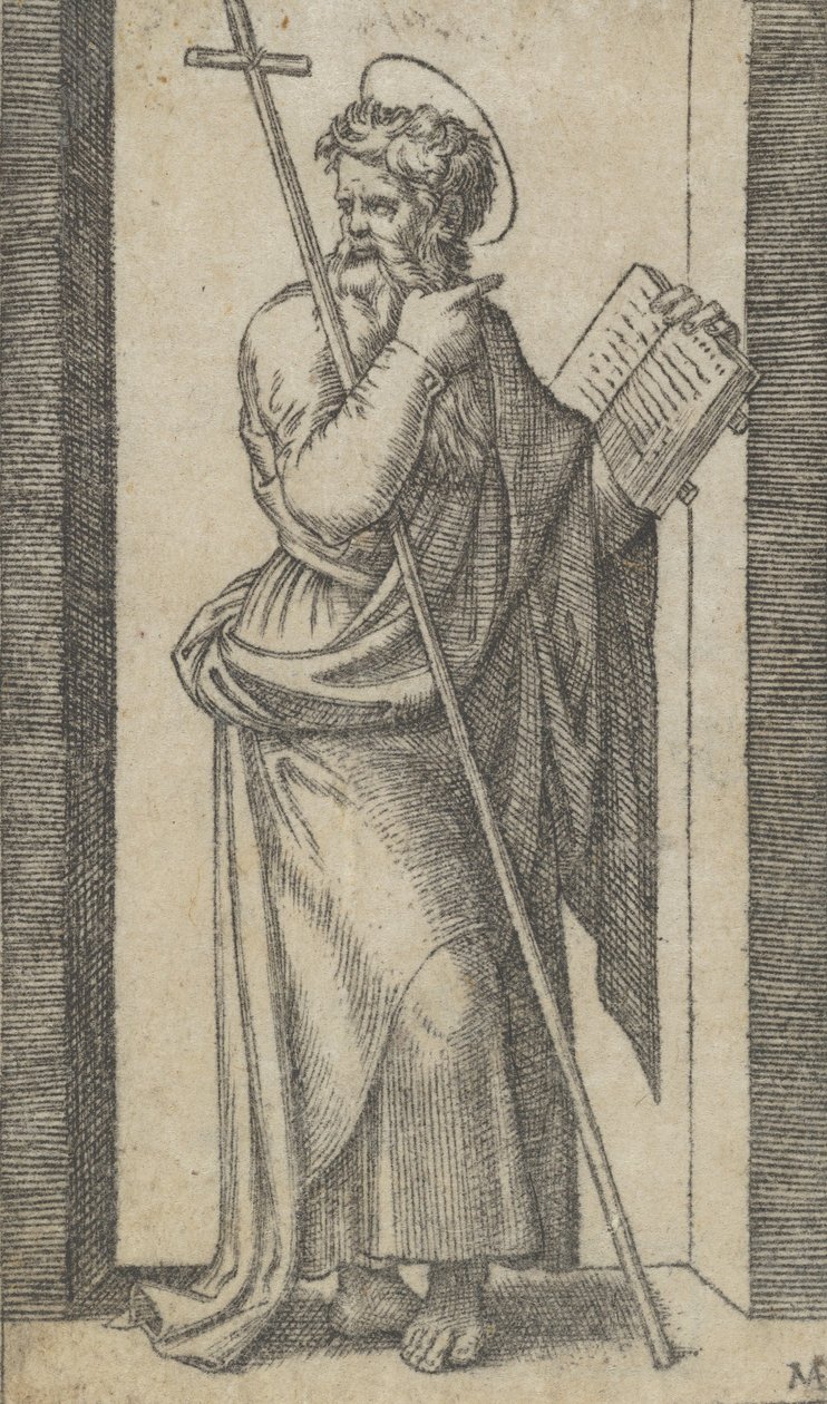 Aziz Philip, sol elinde kitap, sol kolunda duran asa, seriden..., ca. 1500-1527. by Marcantonio Raimondi