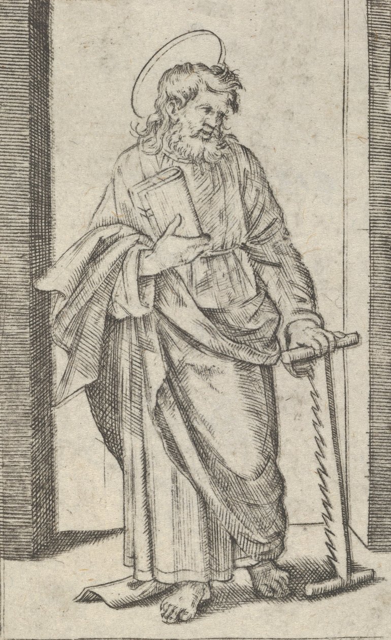 Saint Simon, alçaltılmış sol elinde bir testere, 