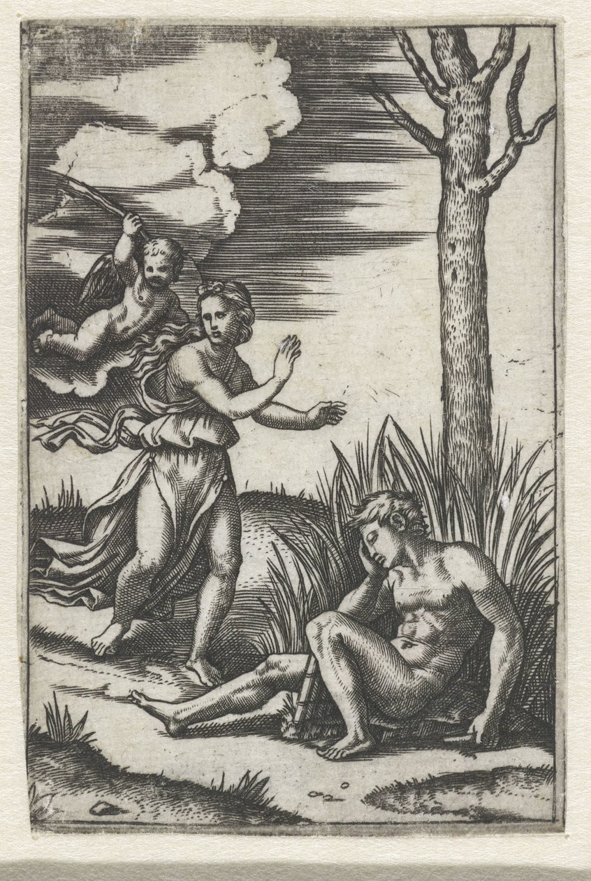 Uyuyan adam ve Amor tarafından kovalanan perisi by Marcantonio Raimondi