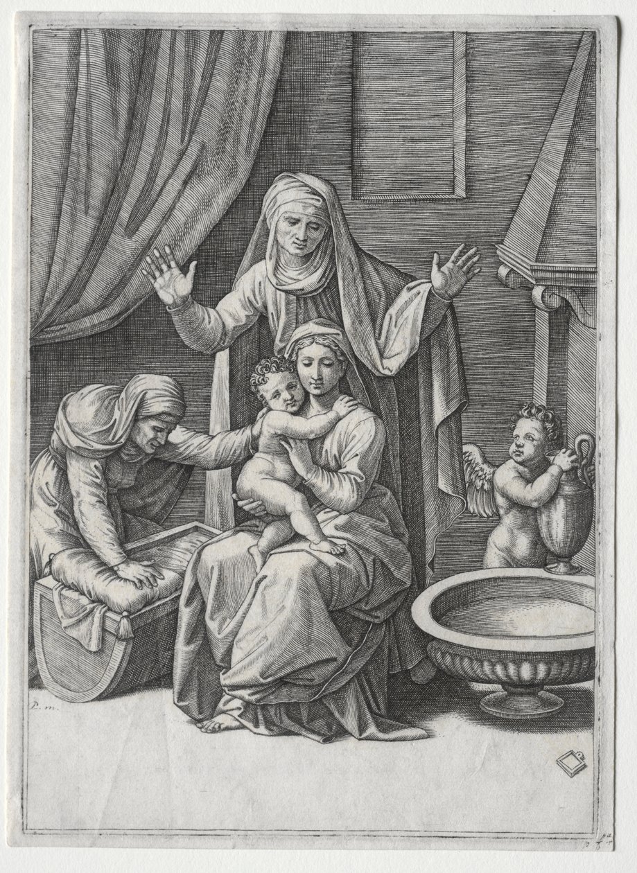 Aziz Elisabeth ve Aziz Anne ile Bakire ve Beşik by Marcantonio Raimondi