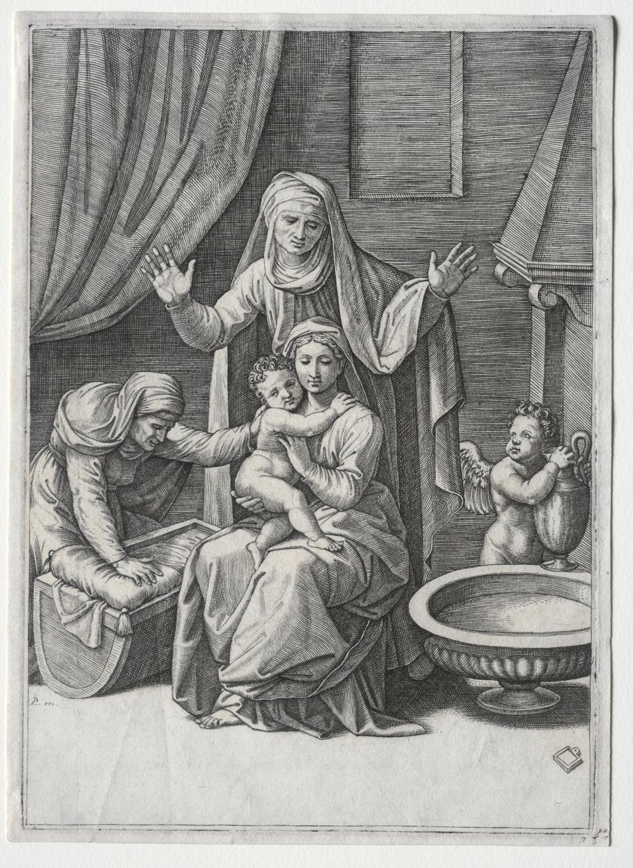Aziz Elisabeth ve Aziz Anne ile Bakire ve Beşik, 1520. by Marcantonio Raimondi