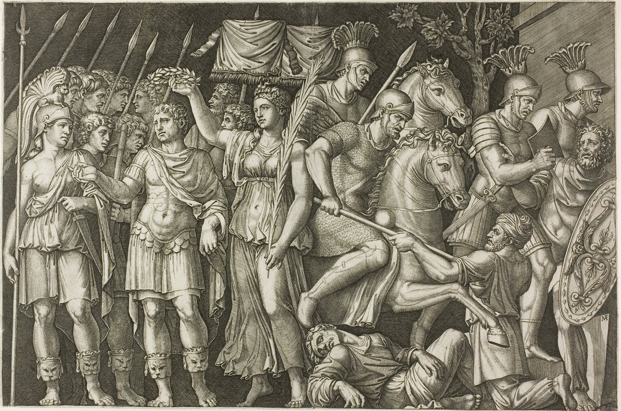Trajan Zaferle Taçlandırıldı by Marcantonio Raimondi