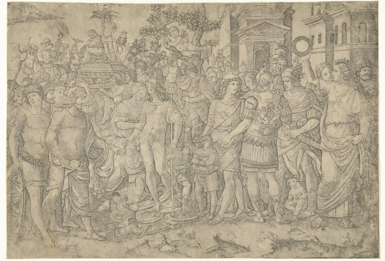 Askerler ve ele geçirilen zırhlarla Roma imparatorunun zafer alayı by Marcantonio Raimondi