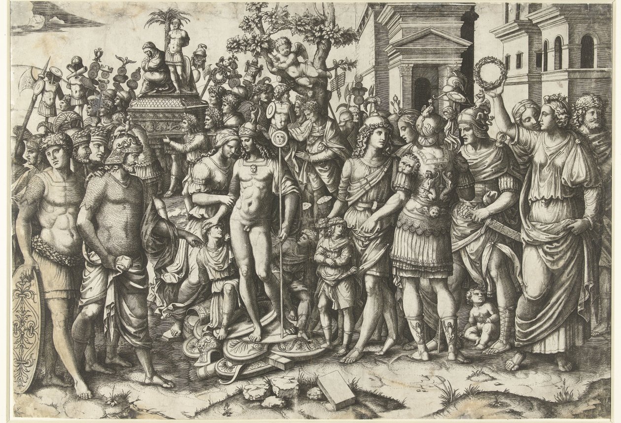 Askerler ve ele geçirilen zırhlarla Roma imparatorunun zafer alayı by Marcantonio Raimondi