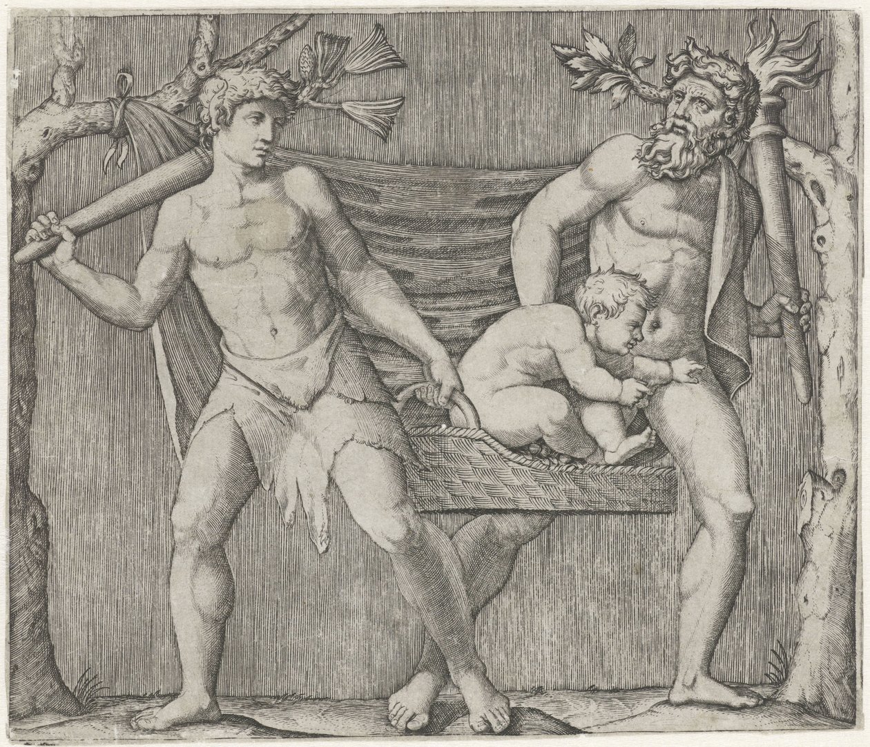 İki faun bir çocuğu sepet içinde taşır. by Marcantonio Raimondi