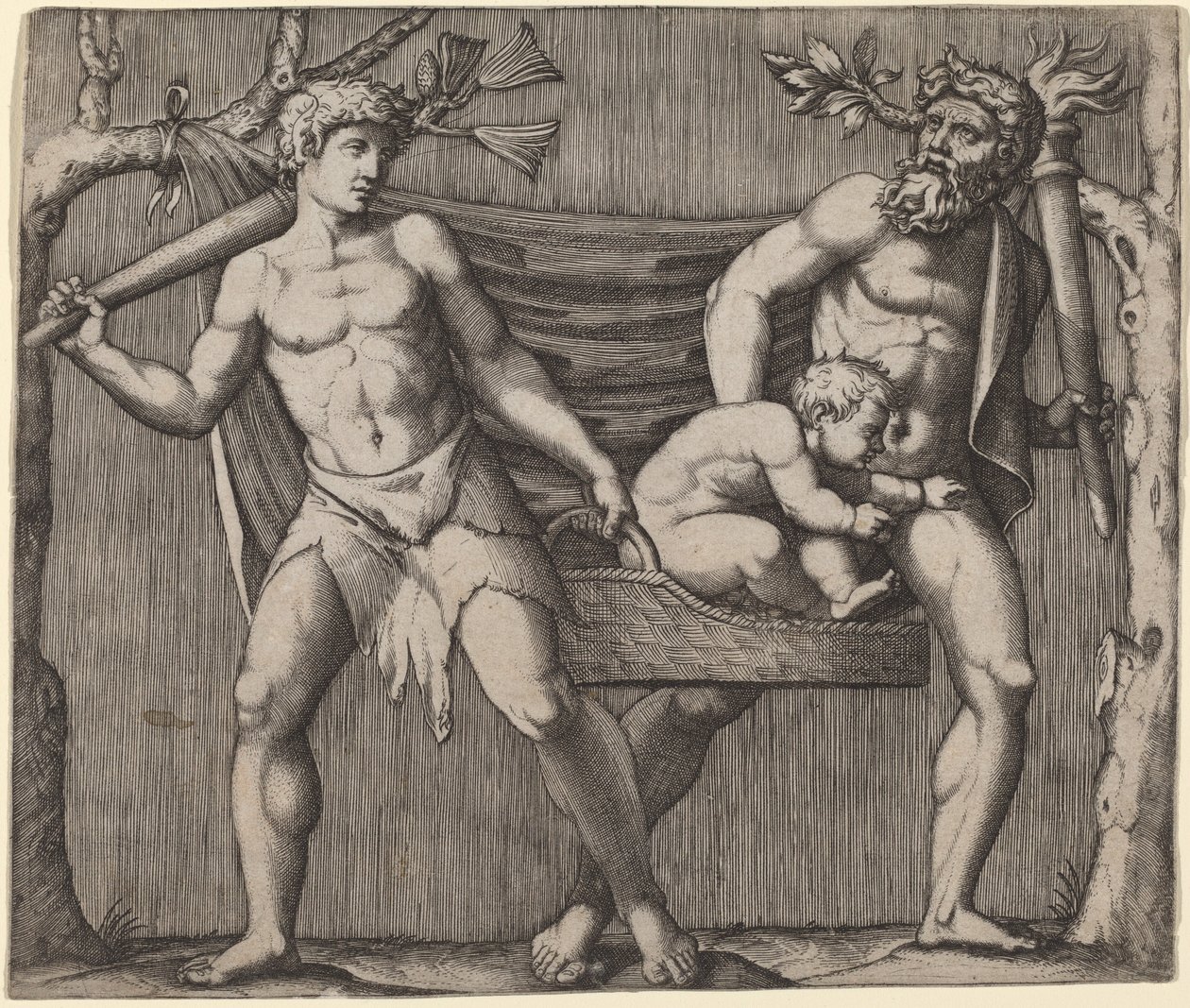 Bir Çocuk Taşıyan İki Faun by Marcantonio Raimondi