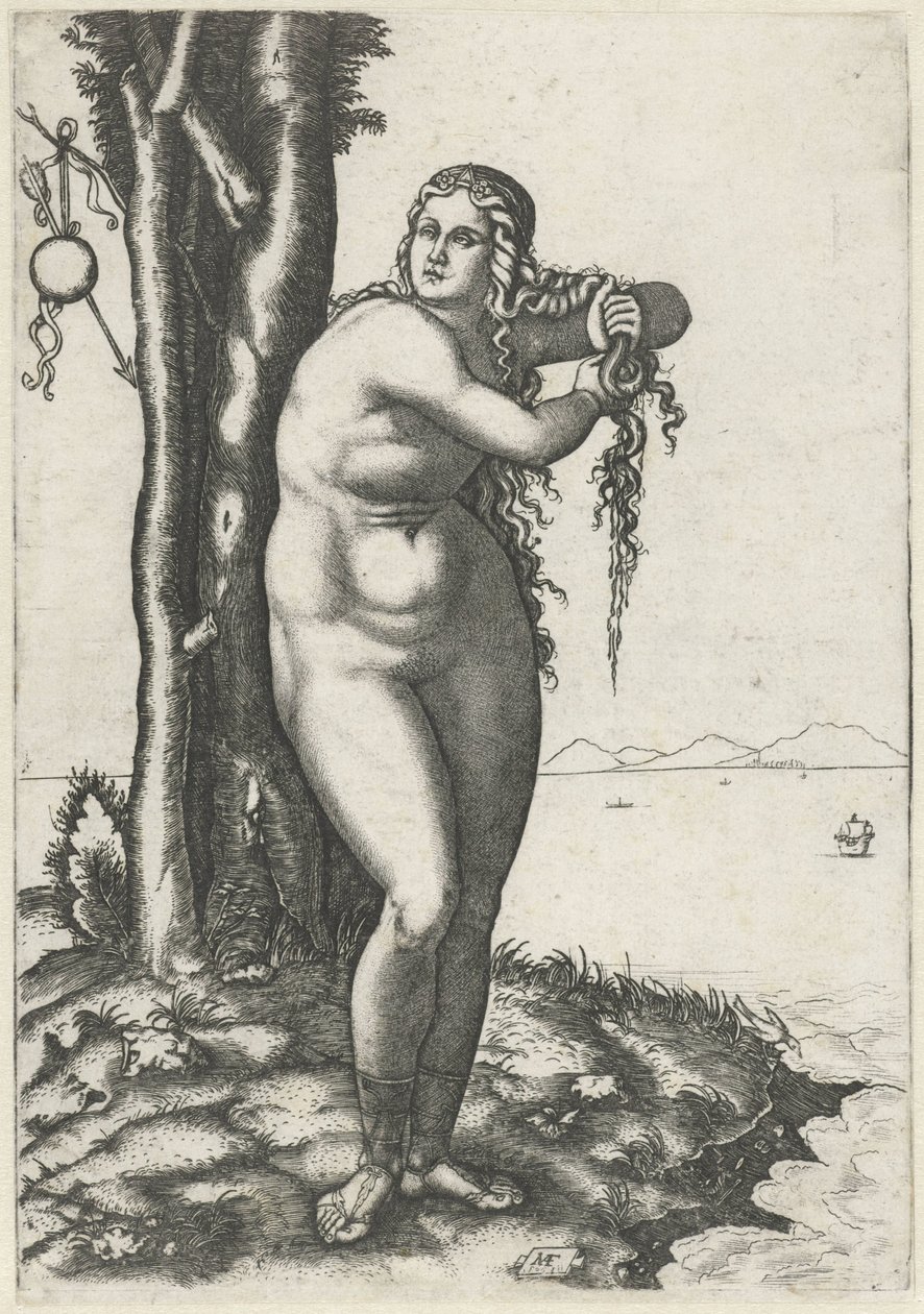 Venus staat op waterkant en wringt water uit haar haar Geboorte van Venus by Marcantonio Raimondi