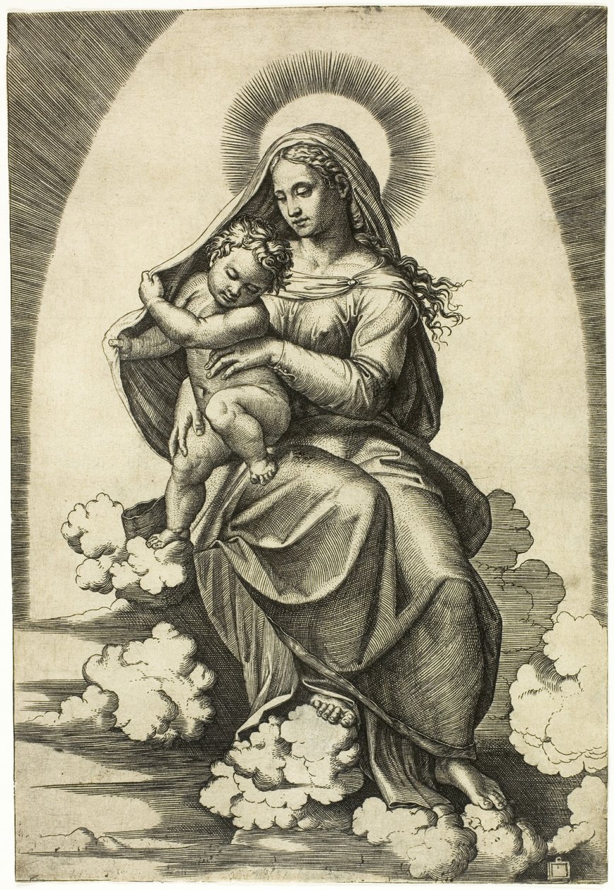 Bulutların Üzerinde Oturan Bakire ve Çocuk by Marcantonio Raimondi